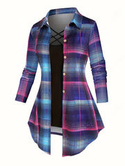 Plaid Button Up Blouse & Cami Top Outfit Set