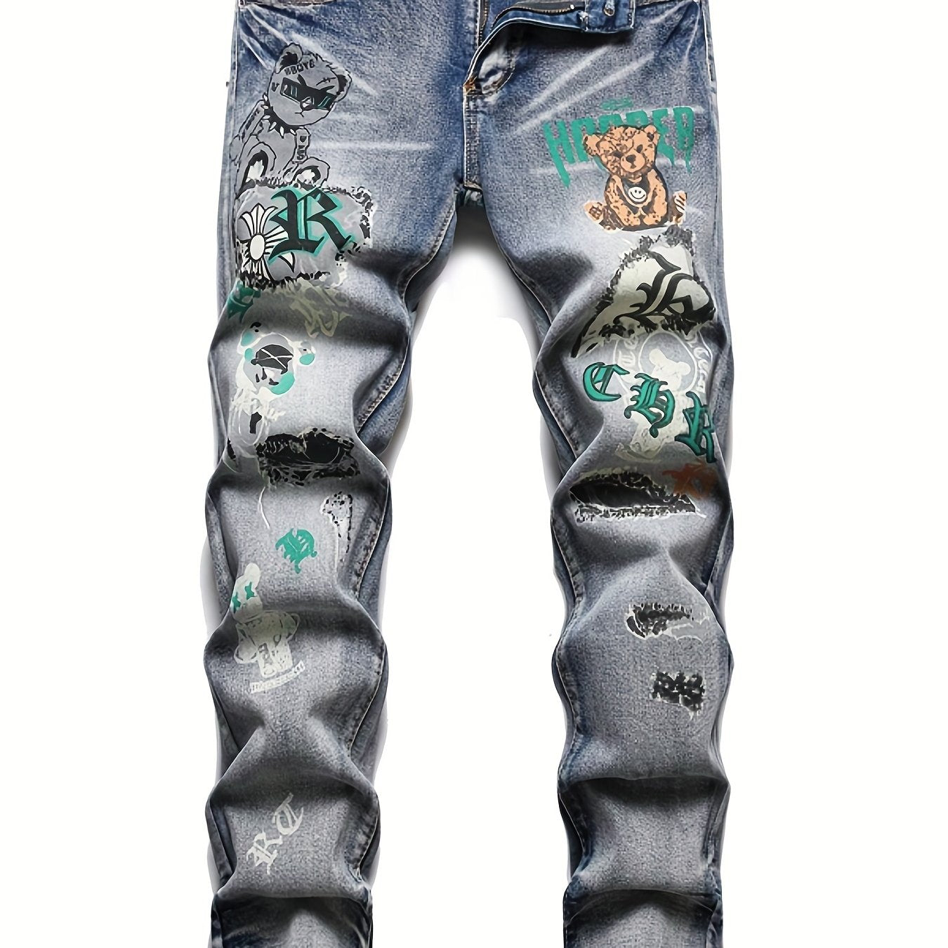 Men's Bear Graphic Stretch Graffiti Print Jeans