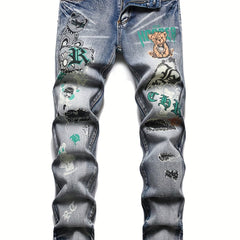 Men's Bear Graphic Stretch Graffiti Print Jeans