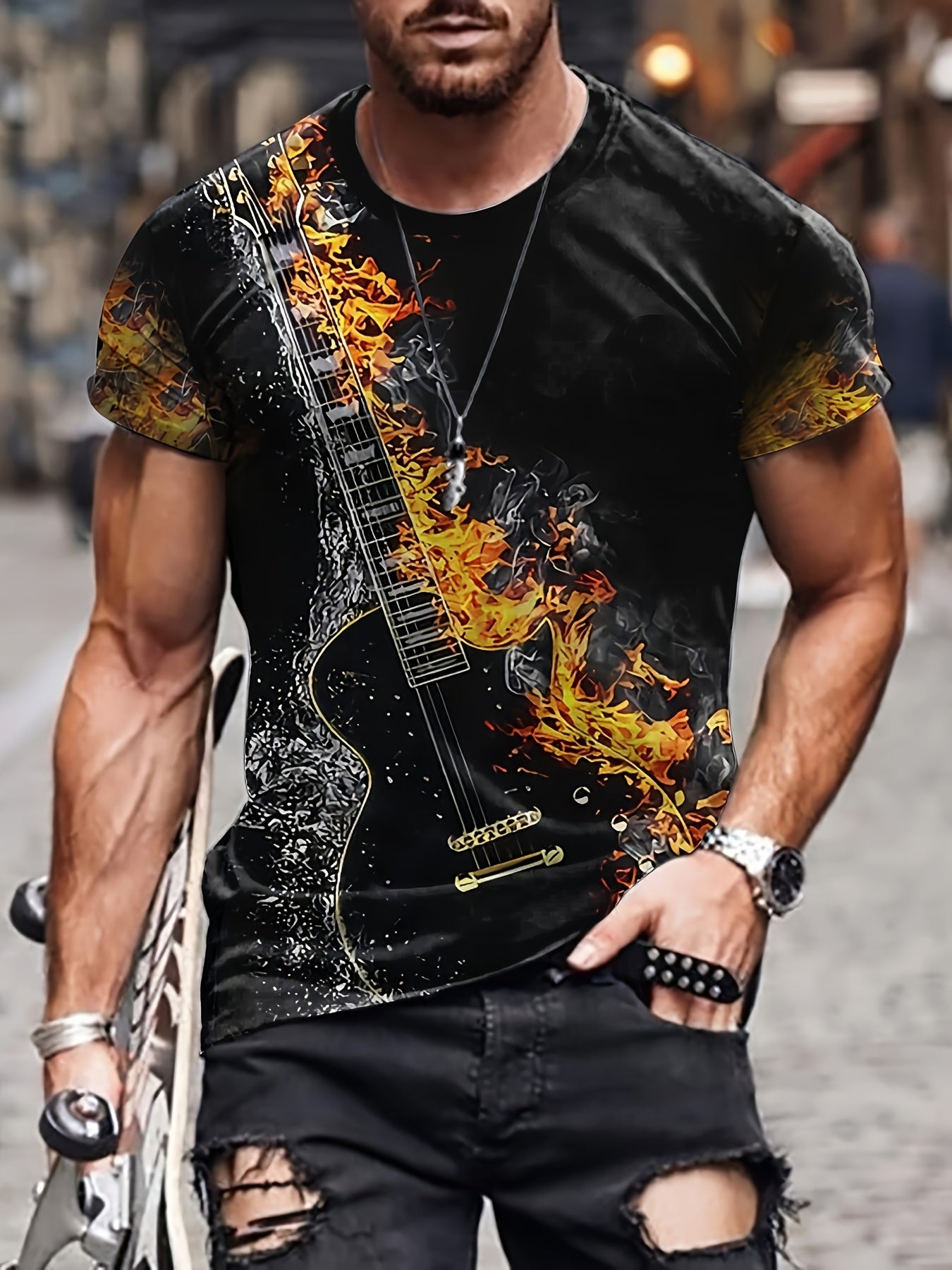 Men's Guitar Pattern Sports T shirt Casual Round Neck Tee Shirt