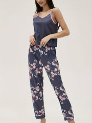 Floral Print Pajama Set V Neck Cami Top & Elastic Waistband Pants