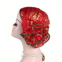 Hot Stamping Flower Pre Tied Head Scarves Ruffles Turban Cap