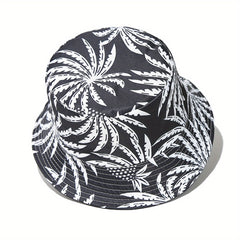 Unisex Sunshade Bucket Hat Black/Leaf Pattern Outdoor Travel