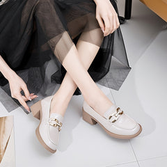 Women's PU Leather Block Heel Loafers Comfort Metal Chain Decor Square Toe Shoes