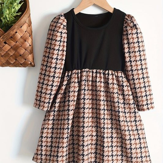Girls Houndstooth Patchwork Dress Spring Fall