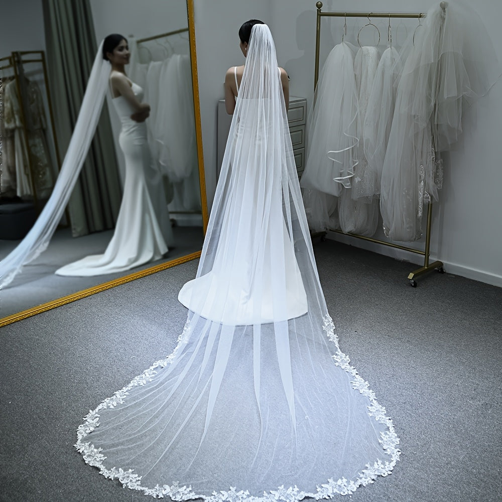 Bridal Veil with Floral Lace Trim and Flowing Train for Wedding