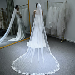 Bridal Veil with Floral Lace Trim and Flowing Train for Wedding