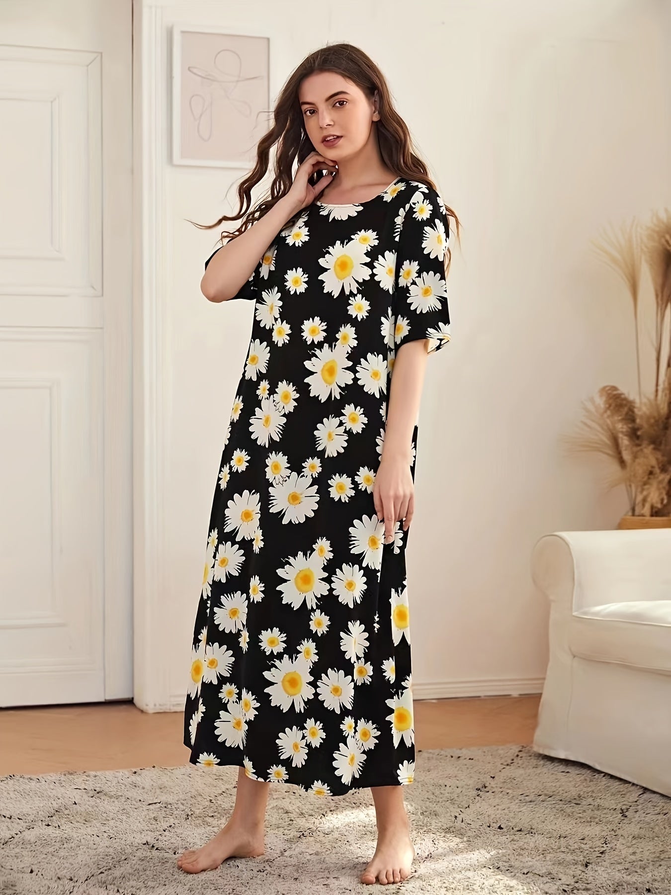 Flower Print NightDress Short Sleeve Pajama Dress Women's Sleepwear