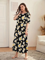 Flower Print NightDress Short Sleeve Pajama Dress Women's Sleepwear