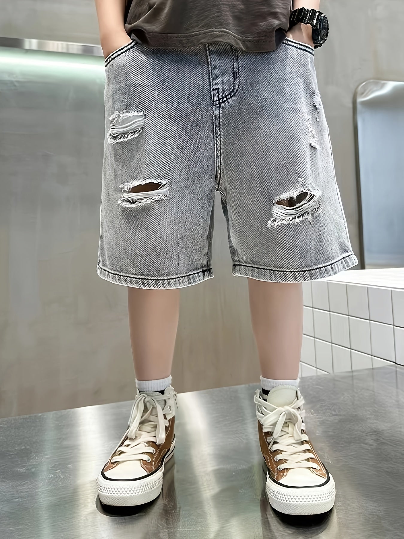 Boys Ripped Denim Jeans Shorts Pockets Casual Summer Kids Clothing