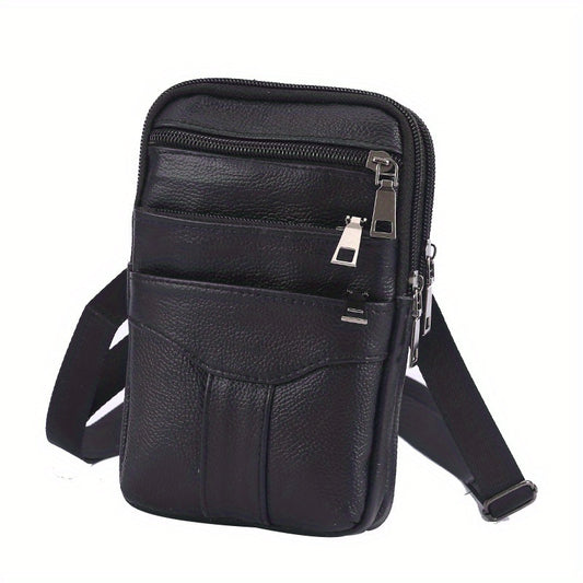 Men's Diagonal Mobile Phone Leather Waist Bag Double Zipper