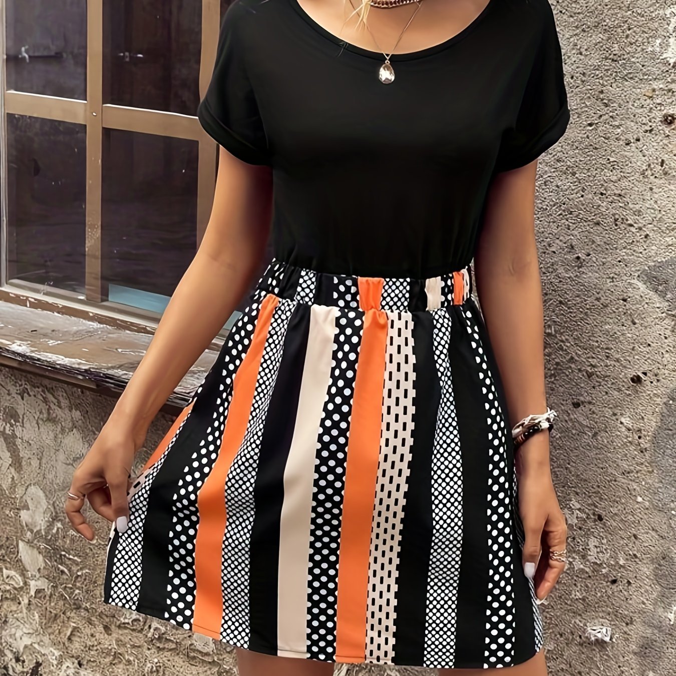 Stripe & Polka Dot Splicing Dress Crew Neck Short Sleeve Women Casual Dress