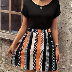 Stripe & Polka Dot Splicing Dress Crew Neck Short Sleeve Women Casual Dress