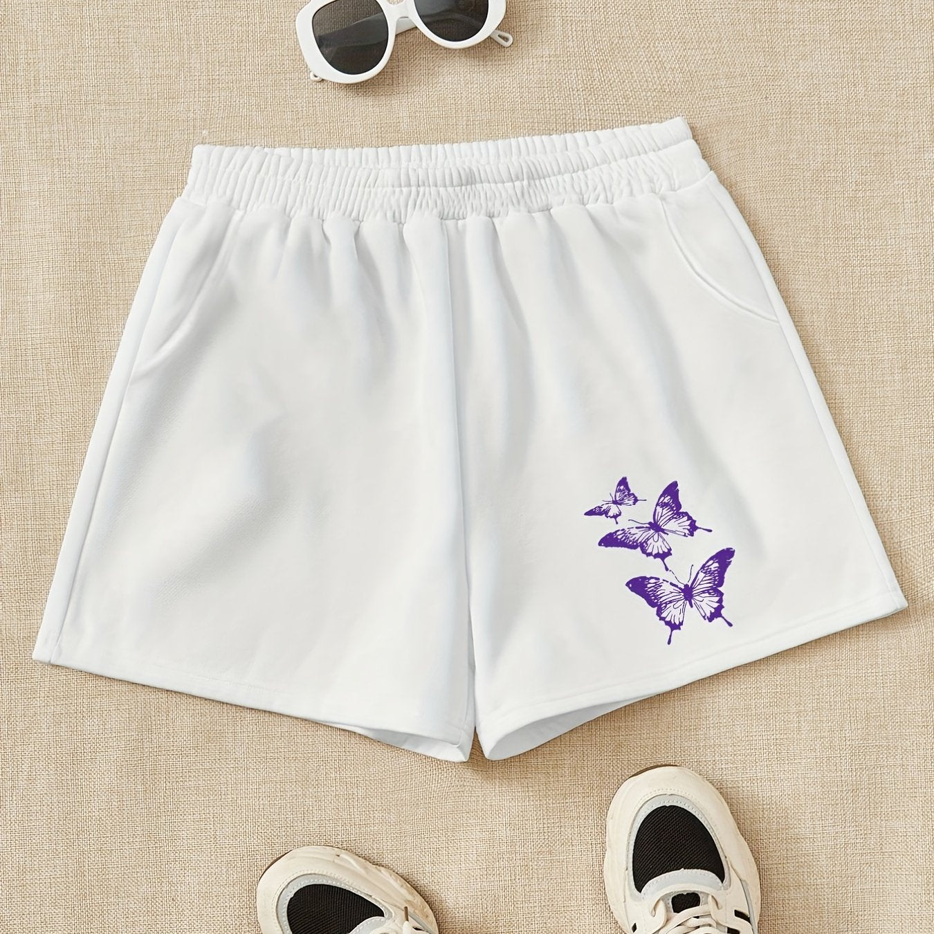 Girls Shorts Purple Butterfly Print Comfy Fit Elastic Waist Work Out Shorts