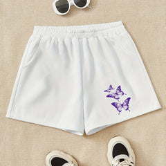 Girls Shorts Purple Butterfly Print Comfy Fit Elastic Waist Work Out Shorts