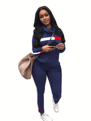 Contrast Panel Chimney Neck Sweatshirt & Sweatpants Set Plus Size