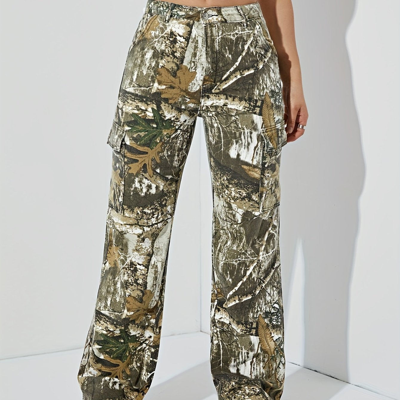 Leaf Print High Waist Cargo Pants Women's Jeans