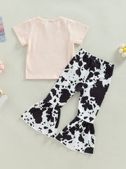 Girls Cow Print T shirt & Flared Pants Set For Summer