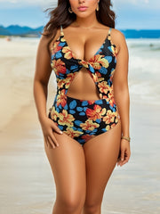 Retro Swimsuit Floral Print Cut Out Twist Front Tummy Control
