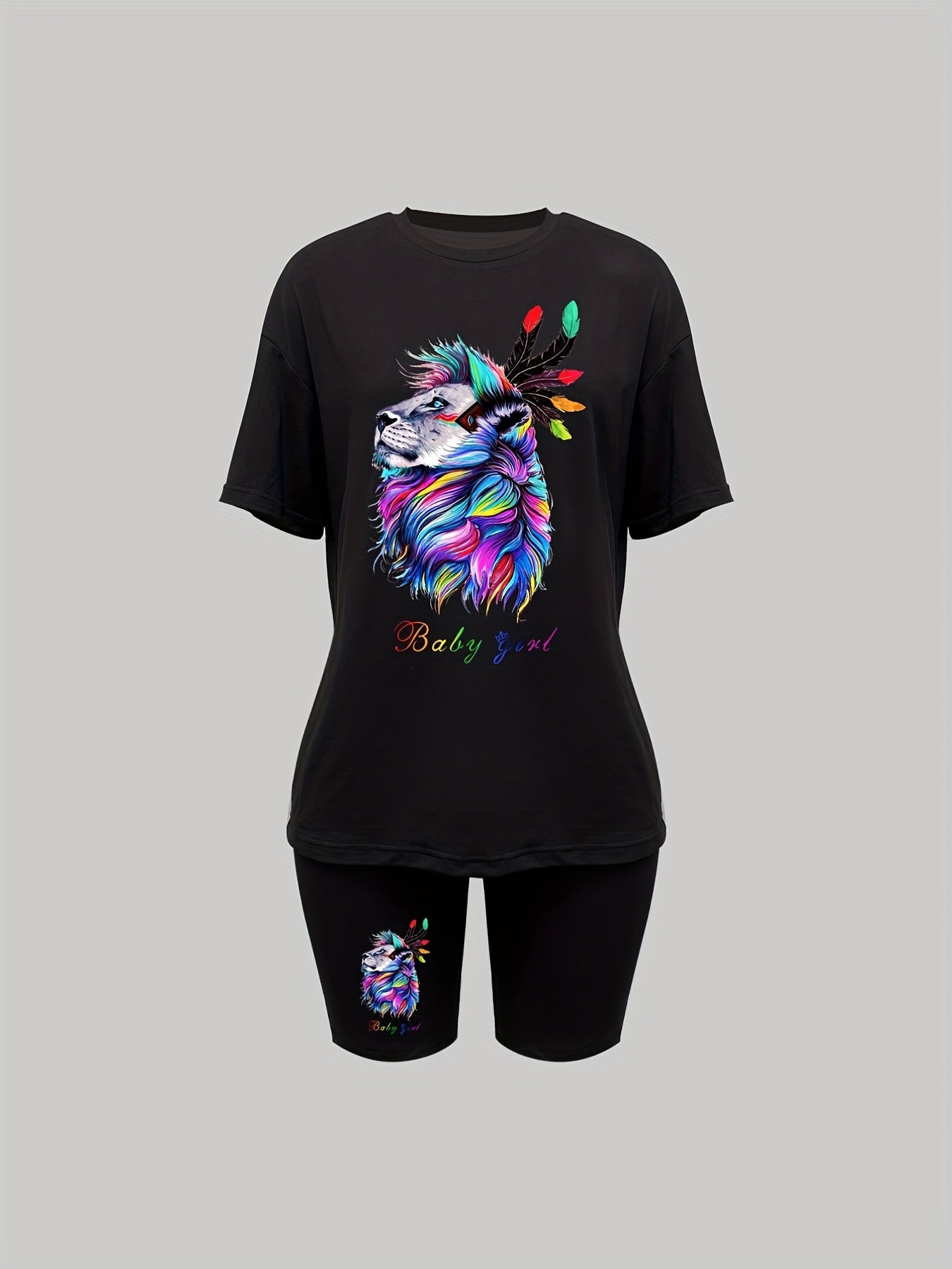 Lion Print Matching Two piece Set Casual Short Sleeve T shirt & Skinny Shorts