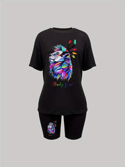Lion Print Matching Two piece Set Casual Short Sleeve T shirt & Skinny Shorts