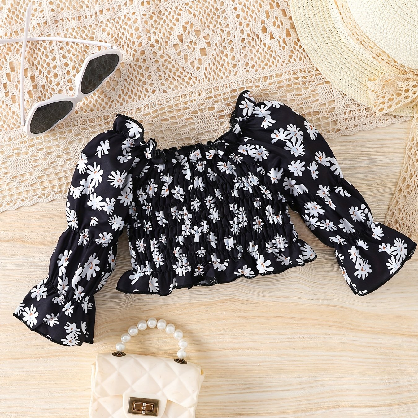 Baby Girls Boho Floral Embroidered Mesh Puff Sleeve Crop Top