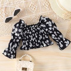 Baby Girls Boho Floral Embroidered Mesh Puff Sleeve Crop Top