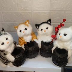 Cat Plush Desk Decoration with Pen Container