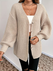 Solid V Neck Button Up Cardigan Long Sleeve Sweater Women's Clothing