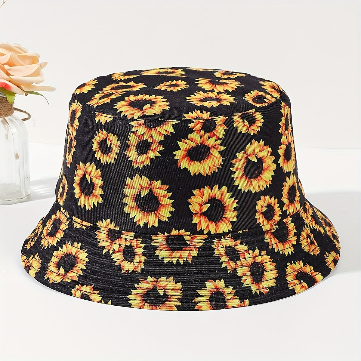 Sunflower Print Bucket Hat Reversible Fisherman Cap