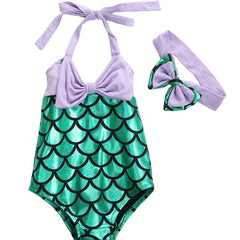 2pcs Toddler Girls Fish Scale Halter Swimsuit Set & Headband
