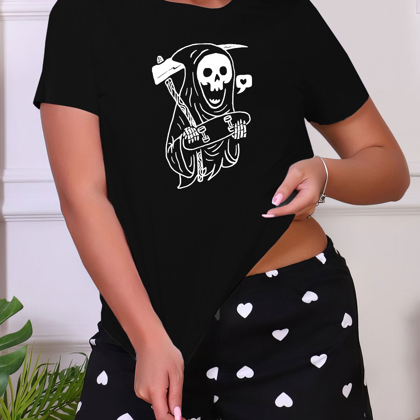 Cartoon Print Sleep Tops Short Sleeve Crew Neck Top