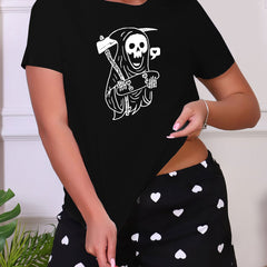 Cartoon Print Sleep Tops Short Sleeve Crew Neck Top