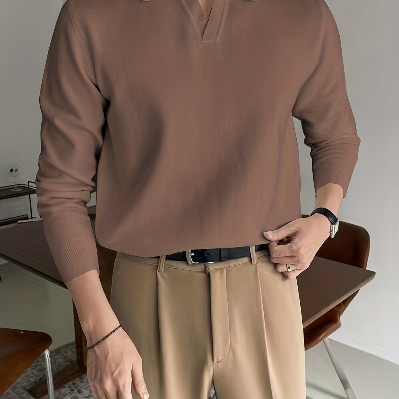 Retro Knit Shirt Men's High Stretch V Neck Pullover Sweater