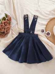 Girls Embroidered Straps Overalls Skirt Elastic Waist