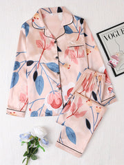 Floral Print Pajama Set Long Sleeve Buttons Top & Elastic Waistband Pants
