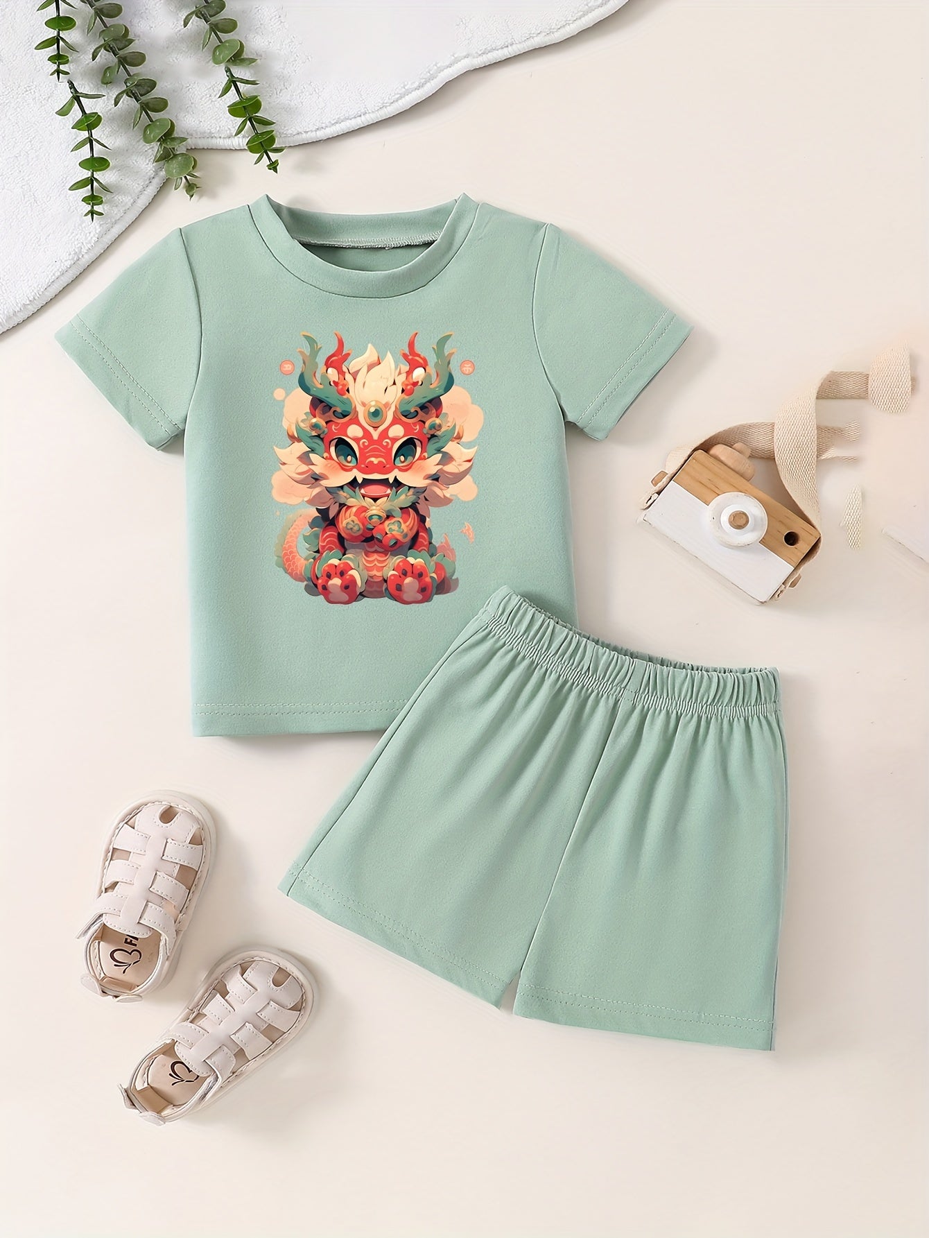 Toddler Kid Lucky Dragon Pattern T-shirt & Shorts Summer Set