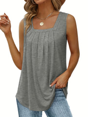 Pleated Square Neck Tank Top - Sleeveless Summer Casual