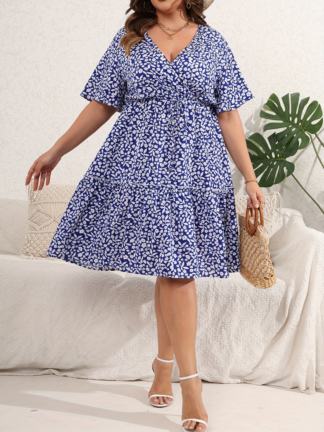 Floral Print Deep V Neck Plus Size Wrap Dress