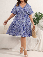 Floral Print Deep V Neck Plus Size Wrap Dress