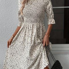 Ditsy Floral Print Shirred Bell Sleeve Midi Dress