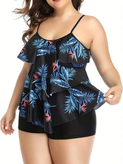Tropical Print Ruffle Trim Tankini Set