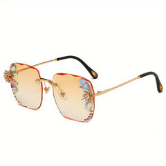 Square Rhinestone Sunglasses Gradient Rimless UV400