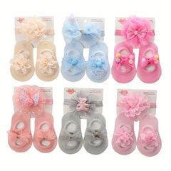 2pcs Baby Girls Mesh Floor Socks & Headband Set Non Slip Breathable Comfortable