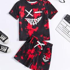 Boys Face Graphic Outfit Round Neck T shirt & Shorts For Summer Kids Clothes