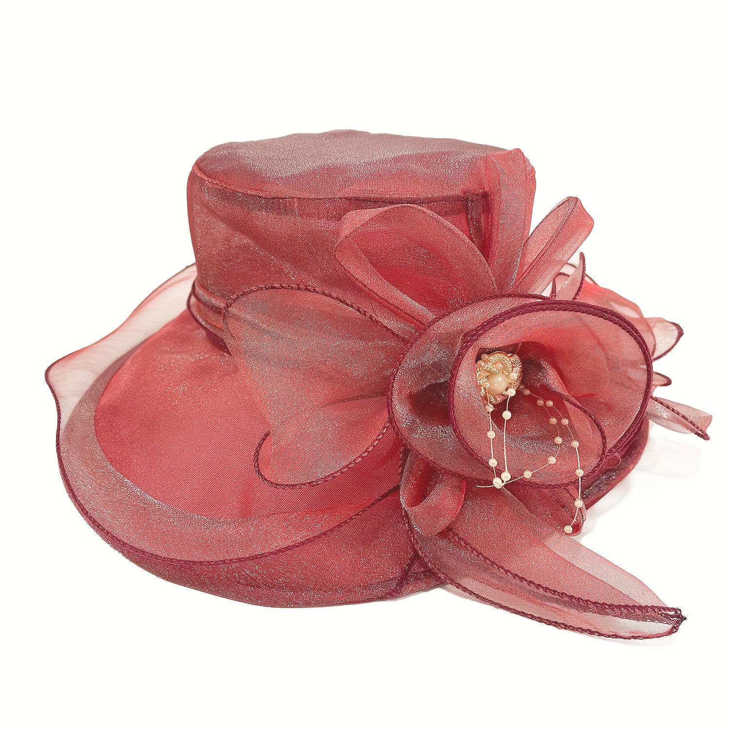 Mesh Flower Organza Sun Hat Wide Brim Derby Hat Solid Breathable Church Hat