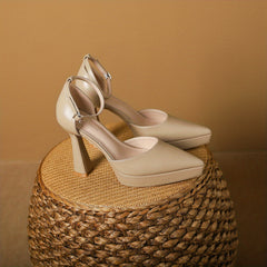 Solid Block Heels Point Toe Dress Pumps with Buckle Strap