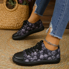 Women's Skull Pattern Flat Sneakers Lace Up Lightweight Canvas Shoes
