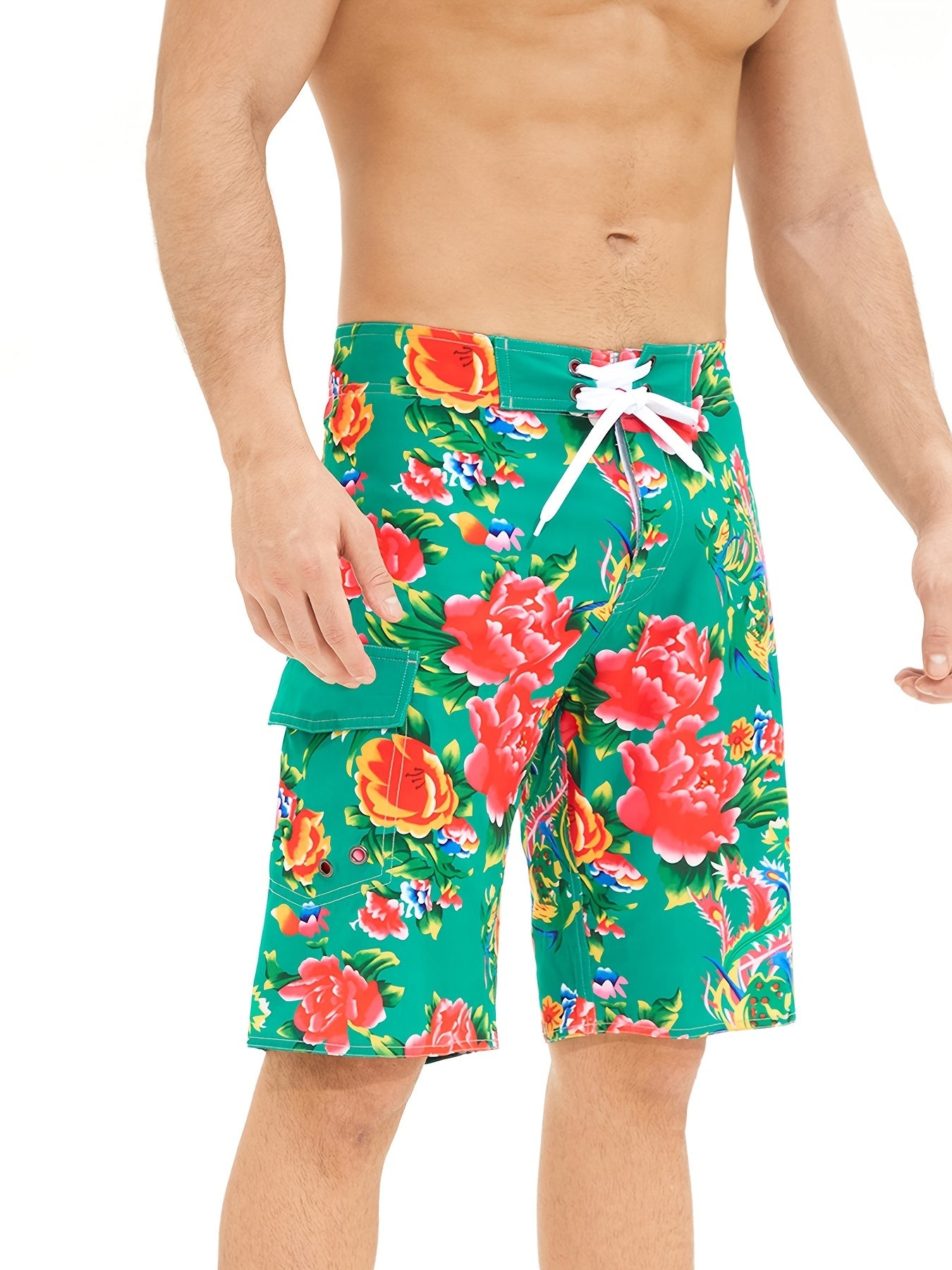 Flower Pattern Men's Swim Trunks Quick Dry Drawstring Beach Shorts