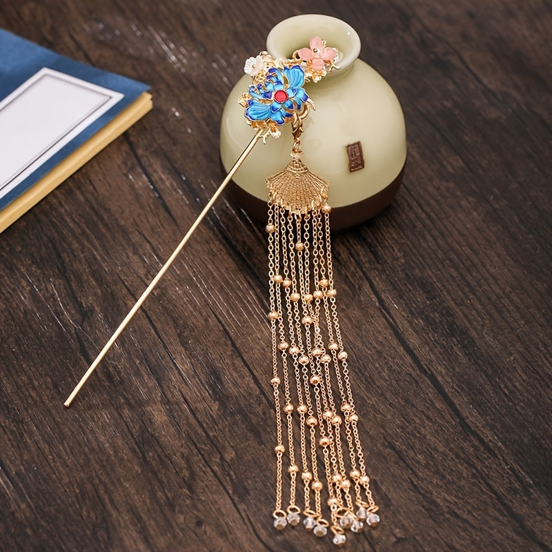 Chinese Style Pearl Flower Tassels Hairpin Headband For Women Girl